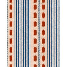 an orange and blue striped rug with red dots on it