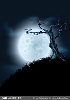 a spooky tree on top of a hill with the moon in the background