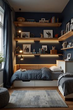 a bed room with a neatly made bed and shelves