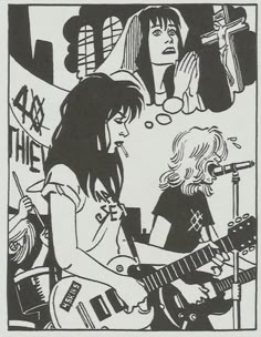 a black and white drawing of two women playing guitars in front of a microphone, with one woman holding a guitar