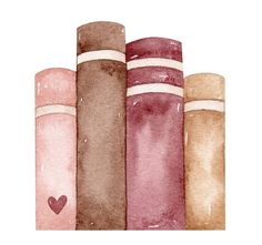 a watercolor painting of books with a heart on the front and two rows of them