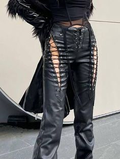 Lace Up Leather Pants Cut-out Lace Up Pu Leather Pants - AnotherChill Leather Pants Lace Up, Cool Leather Pants, Leather Aesthetic Outfit, 80s Leather Pants, Leather Lace Up Pants, Lace Up Leather Pants, Leather Pants Style, Lace Up Jeans, Red Leather Pants