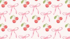 watercolor cherries with pink bows and green leaves on a white background seamless pattern