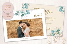 the wedding announcement is displayed on top of two cards with gold foil and blue flowers