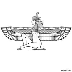 an egyptian woman sitting in the lotus position with her wings open and headdress on