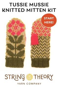 two knitted mittens with pink flowers on them and the words, tussemusie knitted mitten kit start here