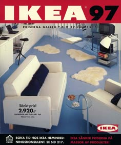 an advertisement for ikea 97 with sheepskin rugs on the floor and furniture