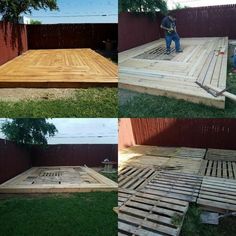 the process of building a wooden deck is shown in three different pictures, including one being built