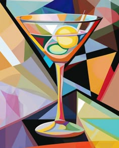 a painting of a martini glass with an olive garnish on the rim, in front of multicolored background