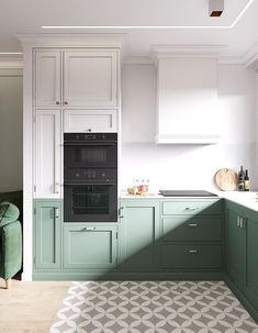 an image of a kitchen setting with green cabinets