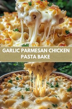 two pictures showing different types of pasta being served in pans with the words garlic parmesan chicken and pasta bake