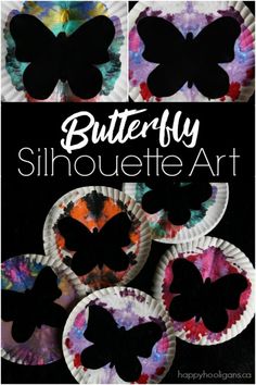 butterfly silhouettes made out of paper plates with the words butterfly silhouette art on them