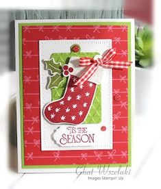 a christmas card with a stocking on it