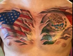 the chest is covered with two american and mexican flags painted on it's sides