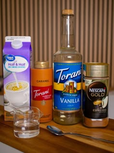 ingredients to make an ice cream dessert sitting on a counter