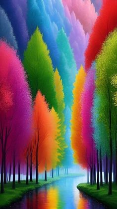 a painting of trees and water with rainbow colors