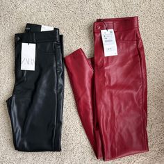 There Is One Red Pair And One Black Pair Both Are 26/Small! Red Stretch Faux Leather Bottoms, Stretch Red Faux Leather Bottoms, Red High Waist Faux Leather Bottoms, Chic Red Faux Leather Pants, Red Faux Leather Pants For Fall, Red Leather Pants, Zara Leggings, Olive Green Pants, Zara Jumpsuit