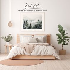 a bedroom with a bed, plant and wall decal that says equal art for those appreciatent at beyond the mirror