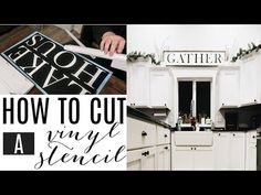 a kitchen with white cabinets and black counter tops, including the words how to cut vinyl stencils