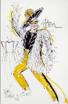 a drawing of a woman in yellow pants and black top with feathers on her head