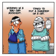 a cartoon depicting two people with bandages on their faces and one is wearing an arm cast