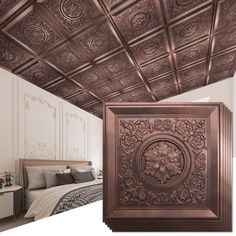 a bed room with a neatly made bed and a decorative ceiling tile on the ceiling