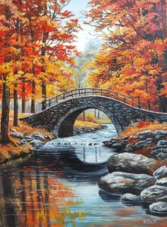 a painting of a bridge over a river in the fall with trees and rocks surrounding it