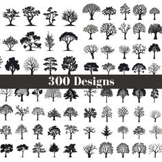 the silhouettes of trees and bushes are shown in black on a white background,