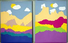 three pieces of paper with mountains and clouds painted on them, all in different colors