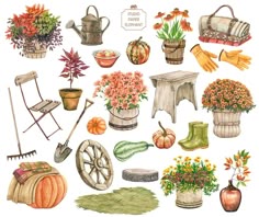 watercolor illustration of various garden items including pumpkins, flowers and gardening implements on a white background