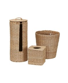 three wicker baskets are shown with one empty basket and the other half closed up