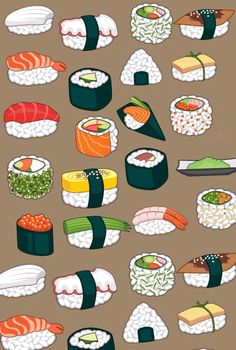 an image of sushi on a brown background