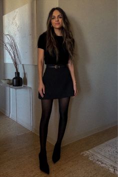 Black Skirt Chic Outfit, Professional Outfits With Tights, All Black Outfit With Tights, Black Sheer Tights Outfit Classy, Black Turtleneck Mini Skirt, Black Skirt Grey Sweater, Black Dress Tights Heels, Skirt And Tights Outfit Summer, New Year Day Outfit