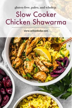 slow cooker chicken shawarama in white bowls with cherries and lemon wedges