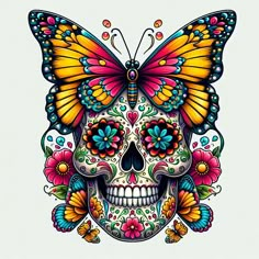 a colorful skull with a butterfly on it's head