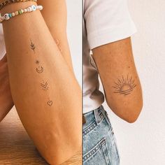 two pictures one with tattoos and the other with sun, moon and stars on it