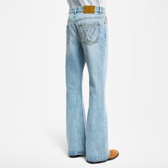 LOUIS VUITTON® - Flared Fit Denim Pants - Dyed Indigo Classic Handbags, Japanese Denim, Leather Denim, Indigo Dye, Buckle Shoes, Louis Vuitton Official, Knitwear Dress, Trainer Boots, Knitwear Tops