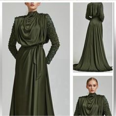 Only Worn Once Chic Evening Dress For Fall Banquet, Elegant Evening Gown For Fall, Elegant Fall Wedding Gown, Floor-length Evening Gown For Fall, Elegant Fall Banquet Gown, Elegant Green Maxi Dress For Evening, Elegant Green Evening Maxi Dress, Evening Gowns With Sleeves, Long Sleeve Evening Gowns