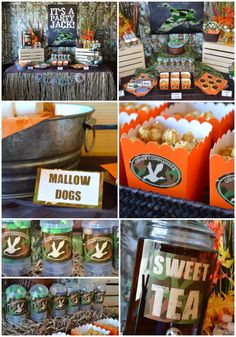 an assortment of treats and decorations for a halloween party