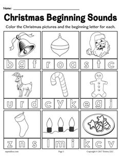 christmas beginning sounds worksheet with pictures and words for the letter i to z