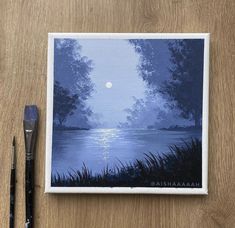 an acrylic painting of a lake at night with the moon in the sky