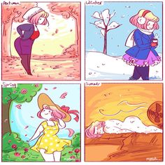 four different comics with cartoon characters in the middle one has an image of a woman and two