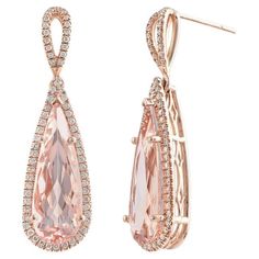 Lovely gemstones set in rose gold, these 9.52 carats mystical Morganites add a touch of fresh sexiness to these earrings. Set in 14K Gold, there will be no denying the durability of these earrings paired with the everlasting salmon colored beryl. Although cousin to the Emerald, Morganites are very different and are exceptionally clear making this gem a treat to look at. Paired with diamonds upon an intricate gold mesh, these earrings will be eternally trendy. Details SKU 3011 Metal type 14K Rose Rose Gold Earrings Dangle, Morganite Earrings, Earrings With Diamonds, Pink Stones, Rose Gold Morganite, Pink Morganite, Rose Gold Pink, Colored Gems, Rose Gold Jewelry