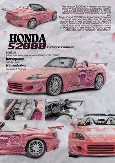 the pink sports car is shown in this ad for honda's new sport cars