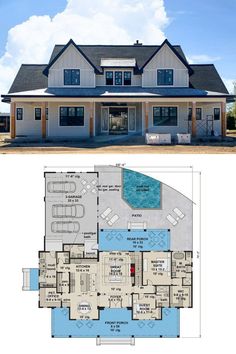 two story house plans with an open floor plan and pool in the middle, on top of