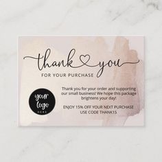 a thank card with the words, thank you for your purchase and an image of a pink