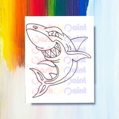 a drawing of a shark with it's mouth open and teeth wide open in front of a multicolored background