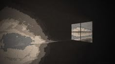 an image of a window in the dark with clouds coming out from it and a reflection on the wall