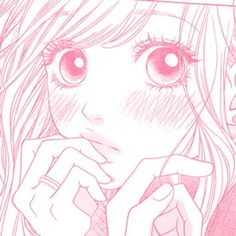 a drawing of a girl with long hair and big eyes holding her hand up to her face