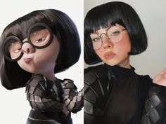 two different images of a woman with black hair and glasses, one wearing an unusual outfit